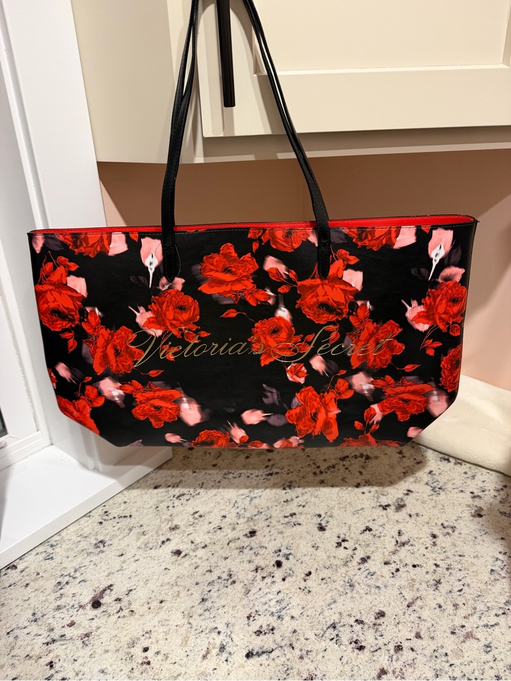 Victoria's Secret Black Tote with Red Rose Pattern and Gold Logo - Picture 4 of 5